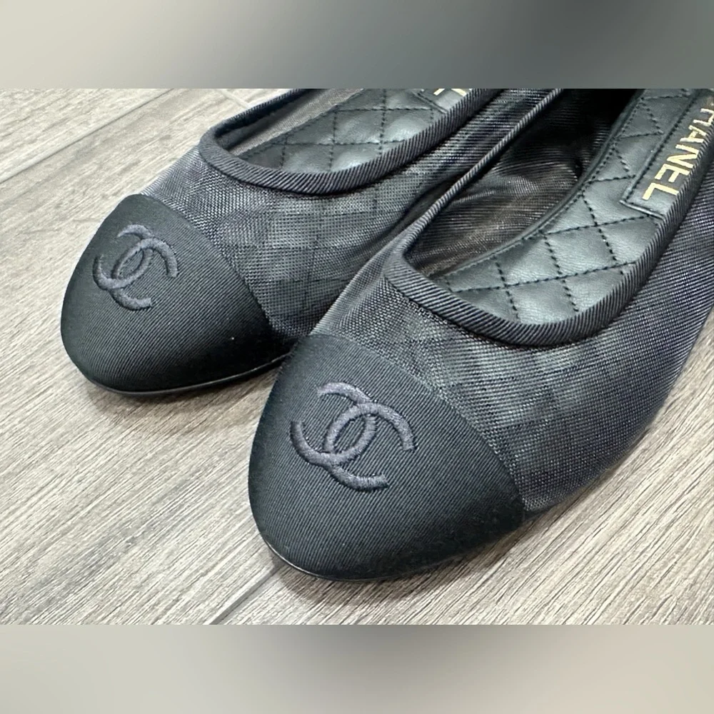 2025 CHANEL BLACK MESH BALLET FLATS BALLERINA SHOES 37 NEW - Picture 5 of 16